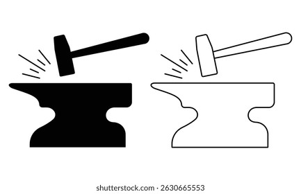 Vetor de ícone de ferreiro. Anvil e vetor de martelo. Silhueta de bigorna, símbolo de martelo e imagem. Ilustração vetorial.