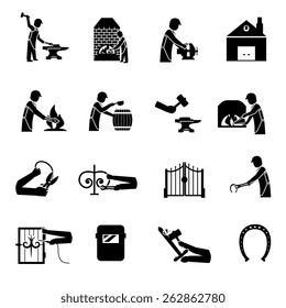 Blacksmith icons black set with man welding molding forging bending metal isolated vector illustration