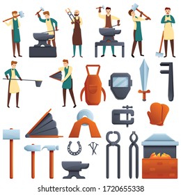 Blacksmith icons set. Cartoon set of blacksmith vector icons for web design