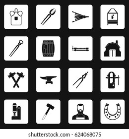 Blacksmith icons set in white squares on black background simple style vector illustration