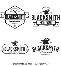 Blacksmith labels set. Design elements for metalworks service emblems, badges, logos. Monochrome seal collection. Vector vintage illustration.