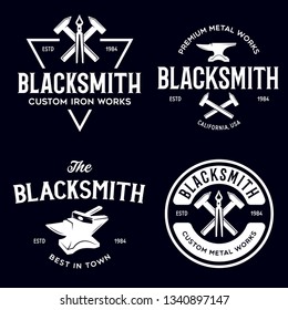 Blacksmith labels set. Design elements for metalworks service emblems, badges, logos. Monochrome seal collection. Vector vintage illustration.