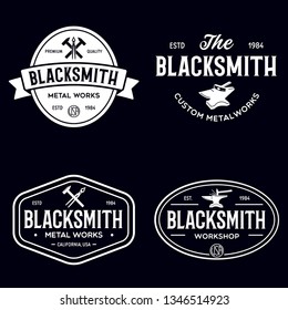 Blacksmith labels set. Design elements for metalworks service emblems, badges, logos. Monochrome seal collection. Vector vintage illustration.
