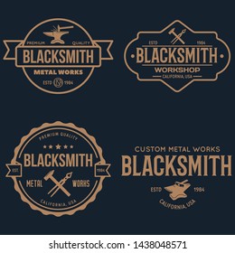 Blacksmith labels set. Design elements for metalworks service emblems, badges, logos. Monochrome seal collection. Vector vintage illustration.