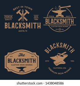 Blacksmith labels set. Design elements for metalworks service emblems, badges, logos. Monochrome seal collection. Vector vintage illustration.