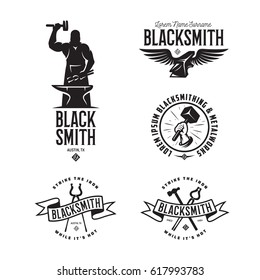 Blacksmith labels set. Design elements for metalworks service emblems, badges, logos. Monochrome seal collection. Vector vintage illustration.