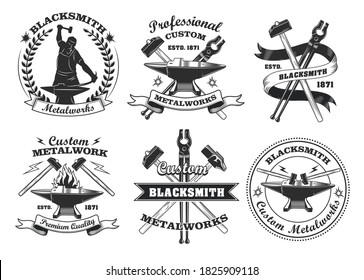 Blacksmith labels set. Monochrome emblems templates with text and tools, vintage badges with crossed hammers, smith and anvil. Vector illustrations collection for craft, ironwork, metalwork concept