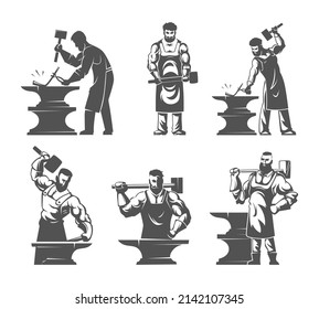 Blacksmith Labels. Workshop Emblems Templates With Strong Heavy Worker On Blacksmith Exact Vector Steel Armor And Weapons Pictures