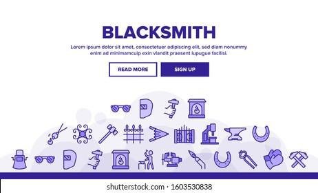 Blacksmith Landing Web Page Header Banner Template Vector. Wrought Fence And Gate, Railing And Signboard, Glasses And Gloves, Blacksmith Illustration