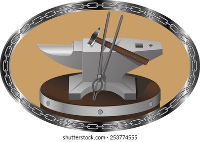 blacksmith logo shield anvil hammer tongs stump vector illustration