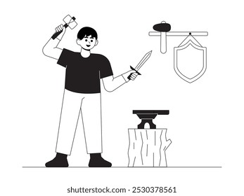 Blacksmith making sword from iron hit with iron hammer after heating, craft vector illustration.