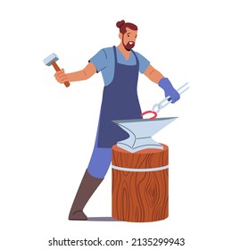 Blacksmith Male Character Making Horseshoe with Instruments on Anvil. Craftsman Wear Apron, Professional Master Work with Metal or Iron Making Forgery Craftsmanship. Cartoon People Vector Illustration