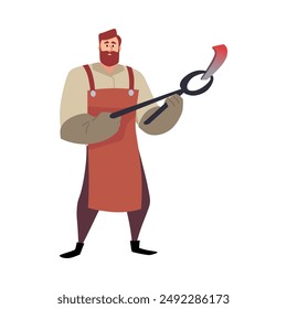 Hombre herrero sostiene fórceps con pieza de hierro caliente. Caricatura profesional de trabajador de la barrera de personaje en delantal y guantes. Artesano herrero medieval. Ilustración plana de Vector aislada. Taller de fundición
