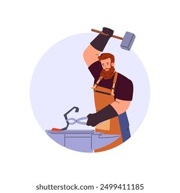 Blacksmith man strikes iron piece on the anvil with big hammer. Cartoon professional farrier character hard working. Medieval smith craftsman. Vector flat illustration in round frame. Foundry workshop