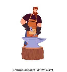 Blacksmith man strikes iron piece on the anvil using hammer. Cartoon professional farrier character hard working. Medieval smith craftsman. Vector flat illustration isolated. Foundry workshop