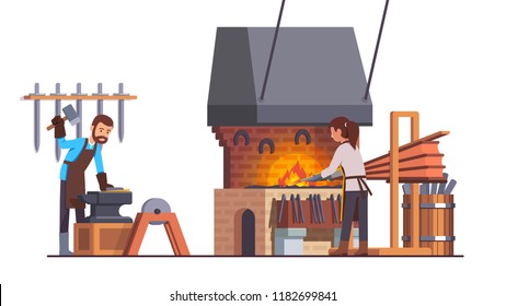 Blacksmith man working with sledge hammer doing metalwork at smithy workshop with anvil, fire bellows, forge, grinding wheel. Assistant woman heating iron. Smith shop interior flat vector illustration