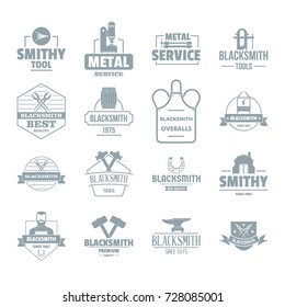 Blacksmith metal logo icons set. Simple illustration of 16 blacksmith metal logo vector icons for web