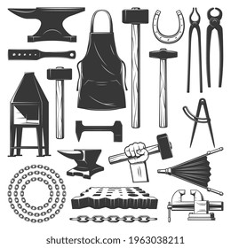 Blacksmith metalwork workshop tools vector icons. Sledgehammer, chain and horseshoe, anvil, apron and forge, vise, blacksmithing tongs and pliers, hammer in hand, nail header, bellows and swage block