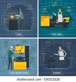 Blacksmith metalworking 4 flat icons square composition with infographic elements of melting welding turning process isolated vector illustration 