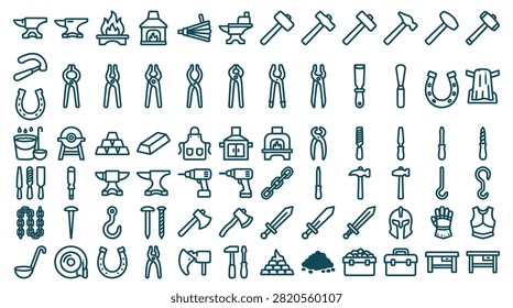 Blacksmith and Metalworking Icon Set Featuring Anvils, Hammers, Tongs, Forge, Bellows, Horseshoes, Medieval Swords, Armor, Tools, and Workshop Equipment in Clean Line Art Style.