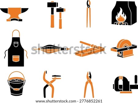 Blacksmith metalworking icons set with forge hammer anvil tools in orange black