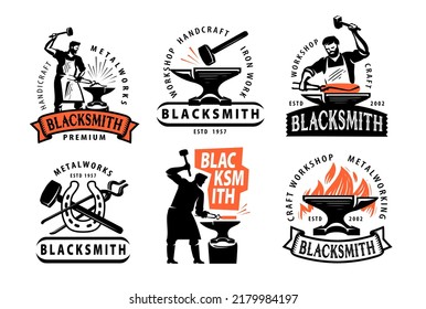 Badge Set für Blacksmith und Metalworks. Labels Blacksmith und Werkstatt, Hammer und Hantel-Emblem-Illustration