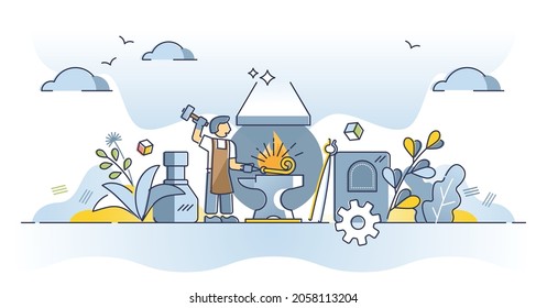 Blacksmith occupation and work with molten metal or steel outline concept. Craftsman master workplace with chisel, anvil and hummer vector illustration. Tough job to make durable instruments in flames