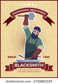 Blacksmith poster. placard with strong worker with hammer. vector poster template