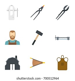 Blacksmith profession icon set. Flat set of 9 blacksmith profession vector icons for web isolated on white background