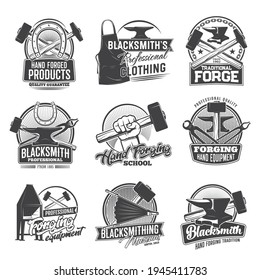 Blacksmith profession vector icons, hand forged products, clothing, traditional forge. Hand forging school, equipment hammer, stove or anvil, museum exhibition monochrome symbols horseshoe, apron set