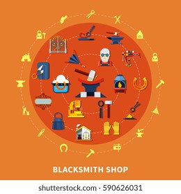 Blacksmith round composition with colorful forged product icons inscribed in circle with hammerwork equipment silhouette pictograms vector illustration