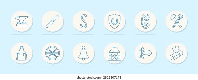 Blacksmith set icon. Anvil, carving knife, hanging hook, horseshoe emblem, decorative scroll, hammer, wrench, apron, wagon wheel, bell, stone fireplace, antique key, heated billet, forging, craftsmanship