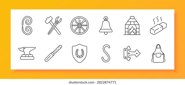 Blacksmith set icon. Decorative scroll, mallet, wagon wheel, handbell, masonry furnace, heated billet, anvil block, rasp file, lucky horseshoe, hanging hook, forged hinge, leather smock