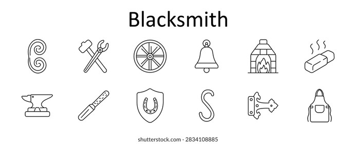 Blacksmith set icon. Decorative scroll, forging tools, wagon wheel, cast bell, masonry furnace, heated billet, anvil block, metal file, heraldic emblem, iron hook, antique hinge, leather apron