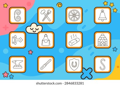 Blacksmith set icon. Decorative scroll, forging tools, wagon wheel, workshop bell, ornamental hinge, leather apron, heated billet, masonry furnace, steel anvil, metal file, lucky emblem