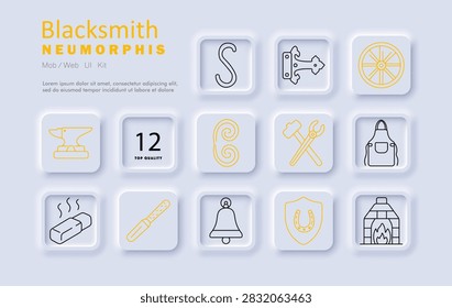 Blacksmith set icon. Forge workshop, metal hook, decorative hinge, wagon wheel, anvil block, scroll ornament, hammer, tongs, apron, heated billet, file tool, craftsmanship industry