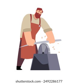 Blacksmith sharpens a shapeless piece of iron on a whetstone. Metal grinding. Bearded man in a leather apron is working on making weapons. Hard work. Vector illustration isolated on white background.
