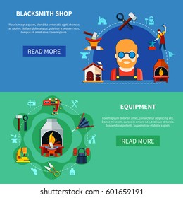 Blacksmith shop equipment store horizontal banners set with compositions of colorful doodle images of various items vector illustration