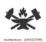 Blacksmith shop graphic label. Forge symbol with forging tools including hammers, anvil and fire. Vector illustration