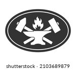 Blacksmith shop graphic label. Forge symbol with forging tools including hammers, anvil and fire. Vector illustration