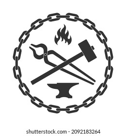 Blacksmith shop graphic label. Forge symbol with forging tools including hammer, anvil, tongs and fire. Vector illustration
