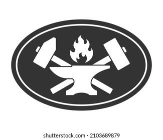 Blacksmith shop graphic label. Forge symbol with forging tools including hammers, anvil and fire. Vector illustration