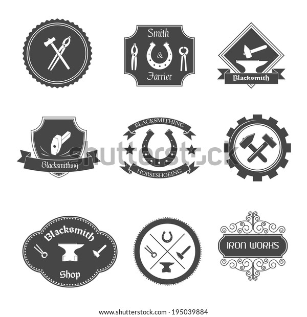 Blacksmith Shop Graphic Labels Collection Set Stock Vector