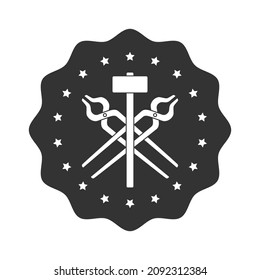 Blacksmith shop graphic sign. Smithy symbol. Stamp with forging tools. Sign isolated on white background. Vector illustration
