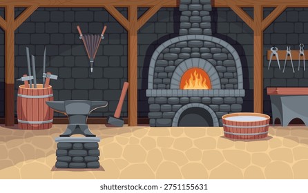 Blacksmith shop interior. Smithy workshop, furnace with fire, stone walls, anvil, smelter, tools, traditional working with metals, medieval room interior, tidy vector cartoon flat isolated concept