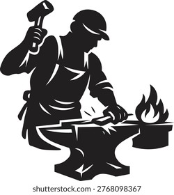 Blacksmith Silhouette Vector, Worker with Hammer and Anvil Icon