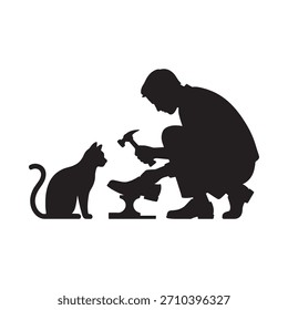 Silueta del herrero que trabaja con un gato curioso cerca