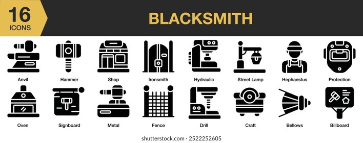 Blacksmith solid icon set. Includes anvil, bellows, billboard, craft, drill, and More. Solid icons vector collection.