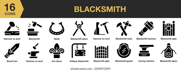 Blacksmith solid icon set. Includes blacksmith, equipment, metal, steel, anvil, and More. Solid icons vector collection.