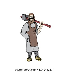 Blacksmith stands with hammer in his hands